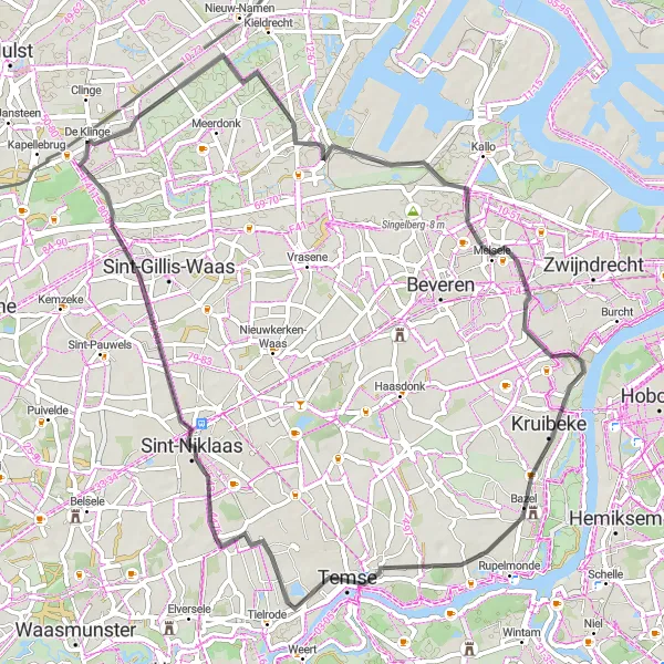 Miniature de la carte de l'inspiration cycliste "Excursion entre Verrebroek et De Klinge" dans la Prov. Oost-Vlaanderen, Belgium. Générée par le planificateur d'itinéraire cycliste Tarmacs.app