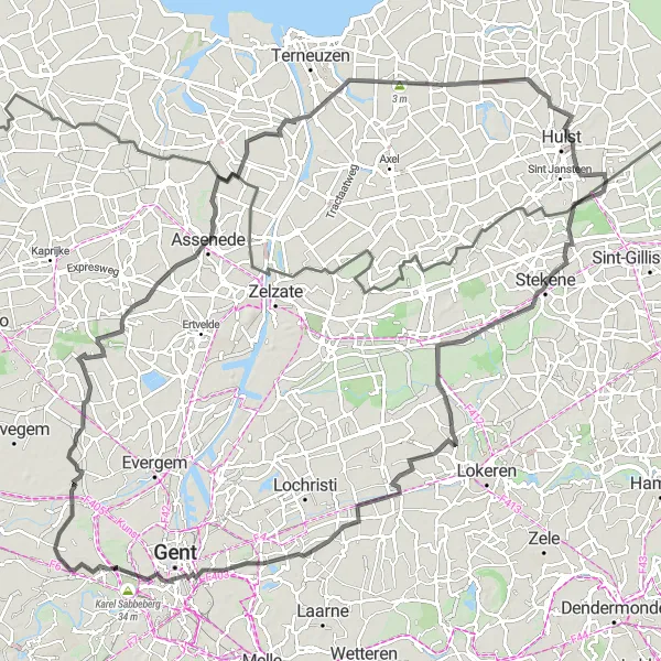 Map miniature of "Landscapes and Hidden Gems of East Flanders" cycling inspiration in Prov. Oost-Vlaanderen, Belgium. Generated by Tarmacs.app cycling route planner