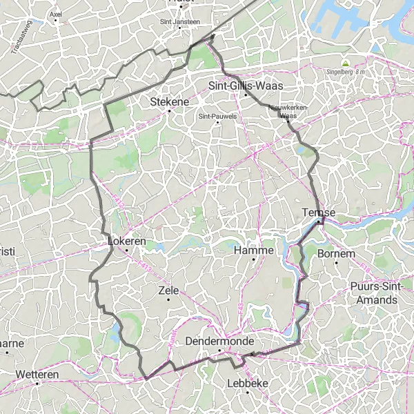 Karten-Miniaturansicht der Radinspiration "Rundfahrt von De Klinge nach Moerbeke" in Prov. Oost-Vlaanderen, Belgium. Erstellt vom Tarmacs.app-Routenplaner für Radtouren