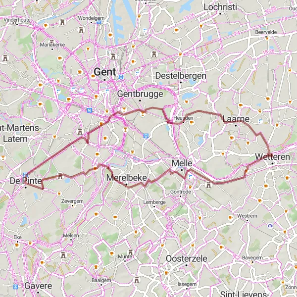 Miniatuurkaart van de fietsinspiratie "Gravelroute door Kastelen van Oost-Vlaanderen" in Prov. Oost-Vlaanderen, Belgium. Gemaakt door de Tarmacs.app fietsrouteplanner