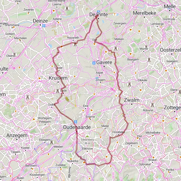 Miniatuurkaart van de fietsinspiratie "Rit door de Vlaamse Ardennen en Leiestreek" in Prov. Oost-Vlaanderen, Belgium. Gemaakt door de Tarmacs.app fietsrouteplanner