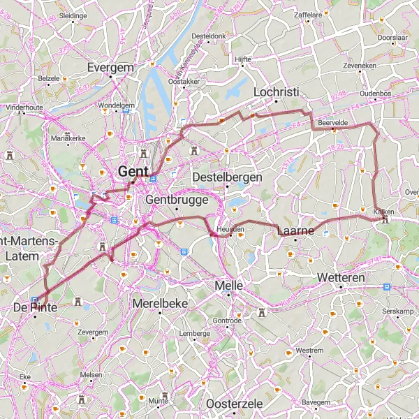Miniatuurkaart van de fietsinspiratie "De Pinte naar Kasteel Scheldevelde route" in Prov. Oost-Vlaanderen, Belgium. Gemaakt door de Tarmacs.app fietsrouteplanner
