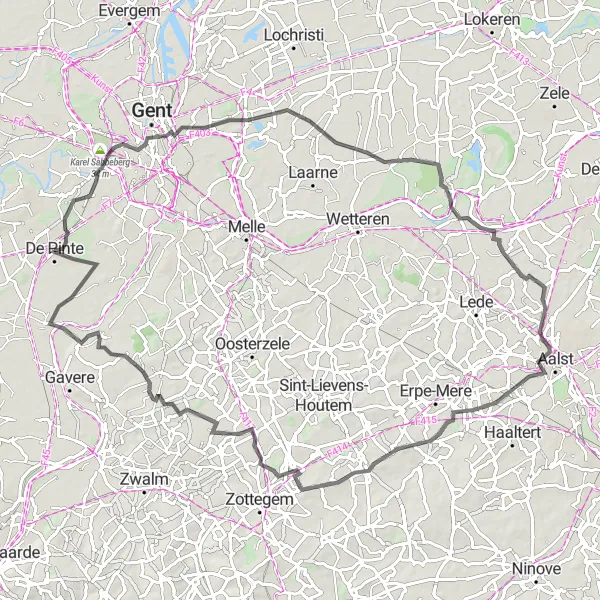 Map miniature of "Exploring De Pinte and Beyond" cycling inspiration in Prov. Oost-Vlaanderen, Belgium. Generated by Tarmacs.app cycling route planner