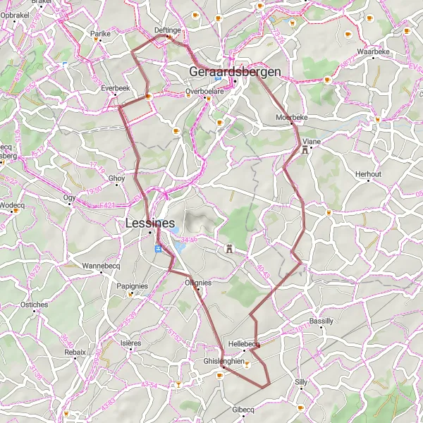 Miniatuurkaart van de fietsinspiratie "Korte gravelroute in de buurt van Deftinge" in Prov. Oost-Vlaanderen, Belgium. Gemaakt door de Tarmacs.app fietsrouteplanner