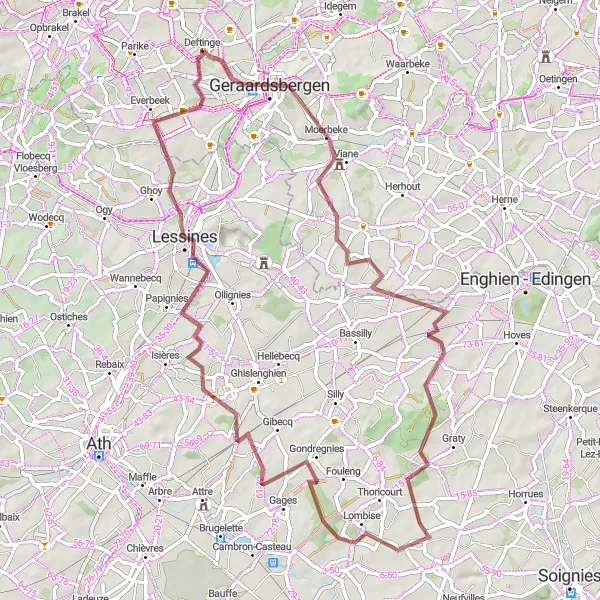 Miniature de la carte de l'inspiration cycliste "Aventure Gravel à Geraardsbergen" dans la Prov. Oost-Vlaanderen, Belgium. Générée par le planificateur d'itinéraire cycliste Tarmacs.app