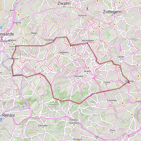 Map miniature of "Gravel Route via Deftinge" cycling inspiration in Prov. Oost-Vlaanderen, Belgium. Generated by Tarmacs.app cycling route planner