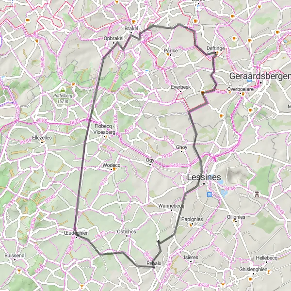 Miniatuurkaart van de fietsinspiratie "Deftinge naar Lessines en terug" in Prov. Oost-Vlaanderen, Belgium. Gemaakt door de Tarmacs.app fietsrouteplanner