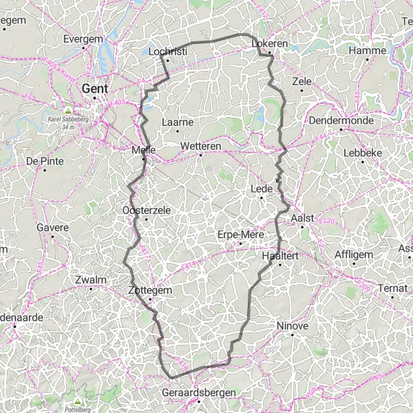 Miniatuurkaart van de fietsinspiratie "Uitdagende fietsroute door Oost-Vlaanderen" in Prov. Oost-Vlaanderen, Belgium. Gemaakt door de Tarmacs.app fietsrouteplanner