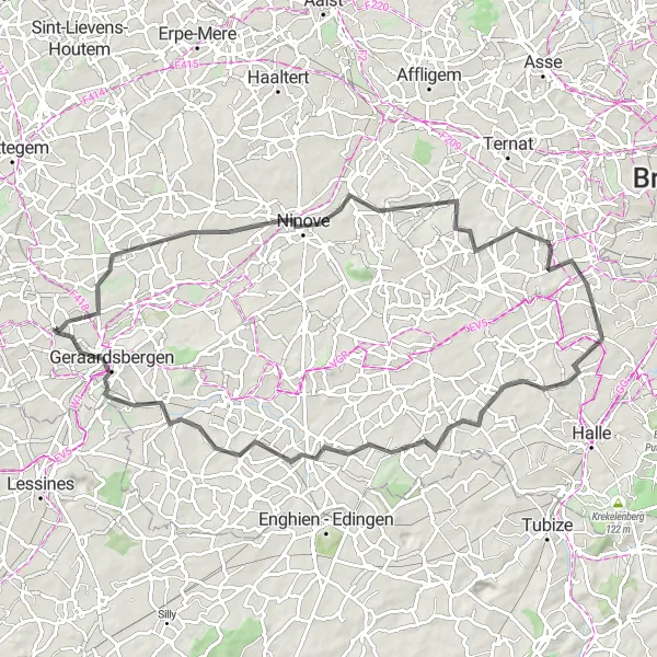 Karten-Miniaturansicht der Radinspiration "Radtour durch Ninove und Sint-Pieters-Leeuw" in Prov. Oost-Vlaanderen, Belgium. Erstellt vom Tarmacs.app-Routenplaner für Radtouren