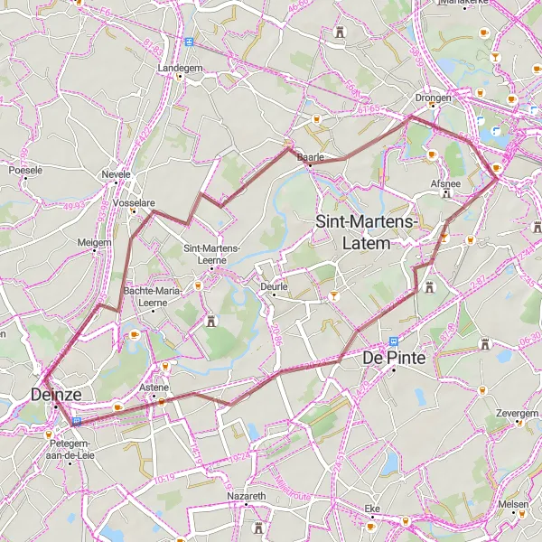 Miniatuurkaart van de fietsinspiratie "Gravelroute via Vosselare en Sint-Denijs-Westrem" in Prov. Oost-Vlaanderen, Belgium. Gemaakt door de Tarmacs.app fietsrouteplanner