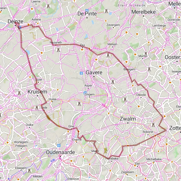 Map miniature of "Gravel Adventure through Flanders" cycling inspiration in Prov. Oost-Vlaanderen, Belgium. Generated by Tarmacs.app cycling route planner