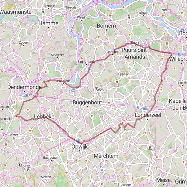 Map miniature of "Tour of the Scheldeland" cycling inspiration in Prov. Oost-Vlaanderen, Belgium. Generated by Tarmacs.app cycling route planner