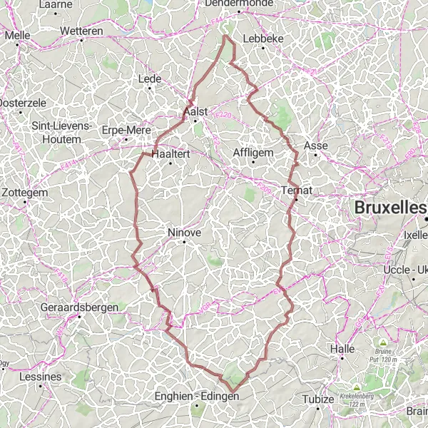 Miniature de la carte de l'inspiration cycliste "Les chemins de gravier à travers la campagne belge" dans la Prov. Oost-Vlaanderen, Belgium. Générée par le planificateur d'itinéraire cycliste Tarmacs.app