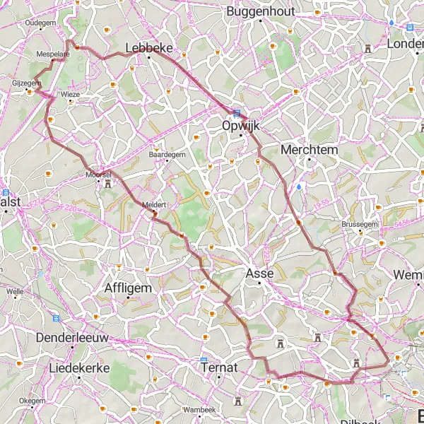 Map miniature of "Denderbelle-Mespelare Gravel Circuit" cycling inspiration in Prov. Oost-Vlaanderen, Belgium. Generated by Tarmacs.app cycling route planner