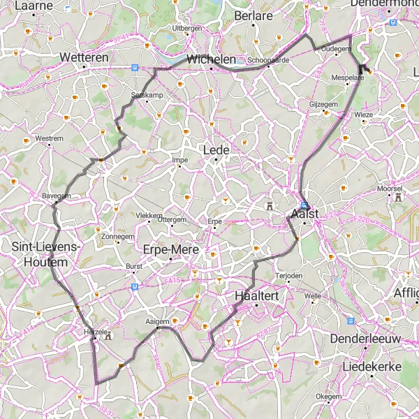 Miniatuurkaart van de fietsinspiratie "Rustieke Road Route langs Aalst" in Prov. Oost-Vlaanderen, Belgium. Gemaakt door de Tarmacs.app fietsrouteplanner