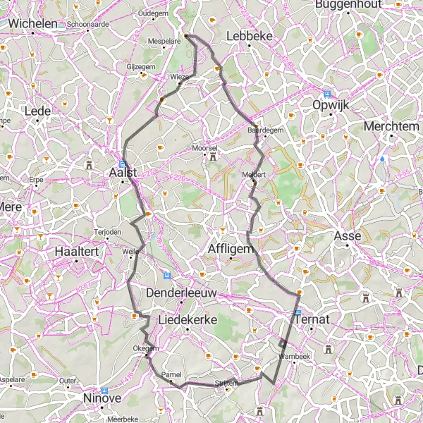 Map miniature of "Meldert-Ledeberg-Herdersem Loop" cycling inspiration in Prov. Oost-Vlaanderen, Belgium. Generated by Tarmacs.app cycling route planner