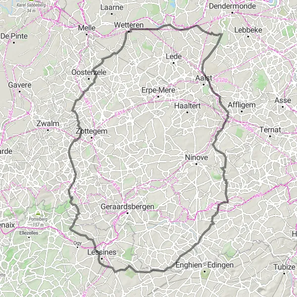 Miniature de la carte de l'inspiration cycliste "Les montagnes et les forêts autour de Denderbelle" dans la Prov. Oost-Vlaanderen, Belgium. Générée par le planificateur d'itinéraire cycliste Tarmacs.app
