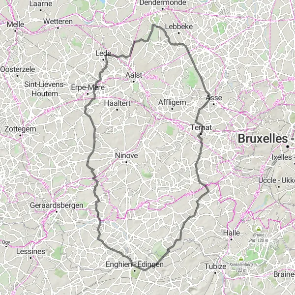 Miniatuurkaart van de fietsinspiratie "Wegfietsroute door de heuvels van Oost-Vlaanderen" in Prov. Oost-Vlaanderen, Belgium. Gemaakt door de Tarmacs.app fietsrouteplanner