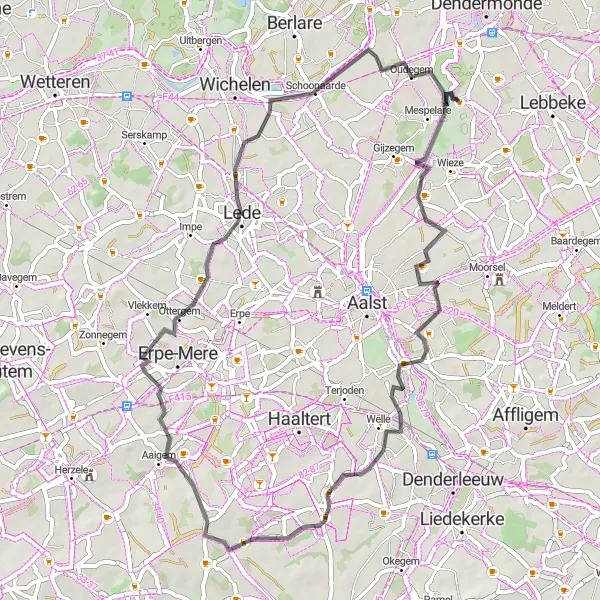 Map miniature of "Erembodegem Denderhoutem Circuit" cycling inspiration in Prov. Oost-Vlaanderen, Belgium. Generated by Tarmacs.app cycling route planner