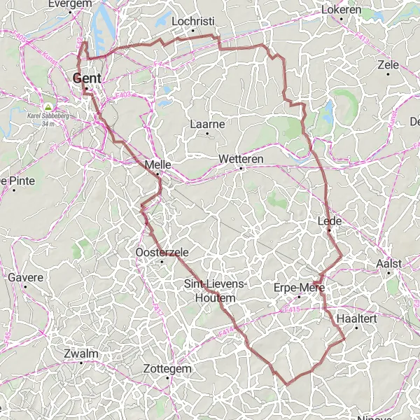 Miniatuurkaart van de fietsinspiratie "Gravelavontuur naar Beervelde" in Prov. Oost-Vlaanderen, Belgium. Gemaakt door de Tarmacs.app fietsrouteplanner