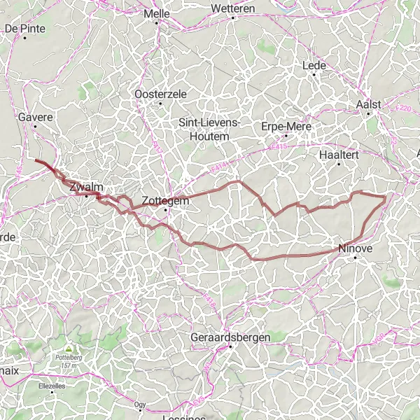 Map miniature of "Panoramic Gravel Loop" cycling inspiration in Prov. Oost-Vlaanderen, Belgium. Generated by Tarmacs.app cycling route planner