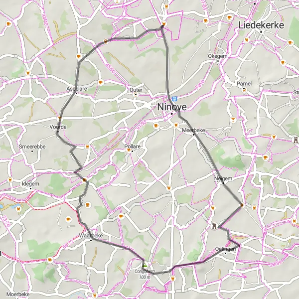 Miniature de la carte de l'inspiration cycliste "Les collines de Neigem et Congoberg" dans la Prov. Oost-Vlaanderen, Belgium. Générée par le planificateur d'itinéraire cycliste Tarmacs.app
