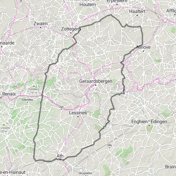 Map miniature of "Hills of Waarbeke" cycling inspiration in Prov. Oost-Vlaanderen, Belgium. Generated by Tarmacs.app cycling route planner