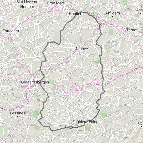 Karten-Miniaturansicht der Radinspiration "Herausfordernde Radtour durch Woestijn und Oudeberg" in Prov. Oost-Vlaanderen, Belgium. Erstellt vom Tarmacs.app-Routenplaner für Radtouren