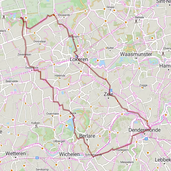 Miniatuurkaart van de fietsinspiratie "Gravelroute van Dendermonde naar Donk en terug" in Prov. Oost-Vlaanderen, Belgium. Gemaakt door de Tarmacs.app fietsrouteplanner