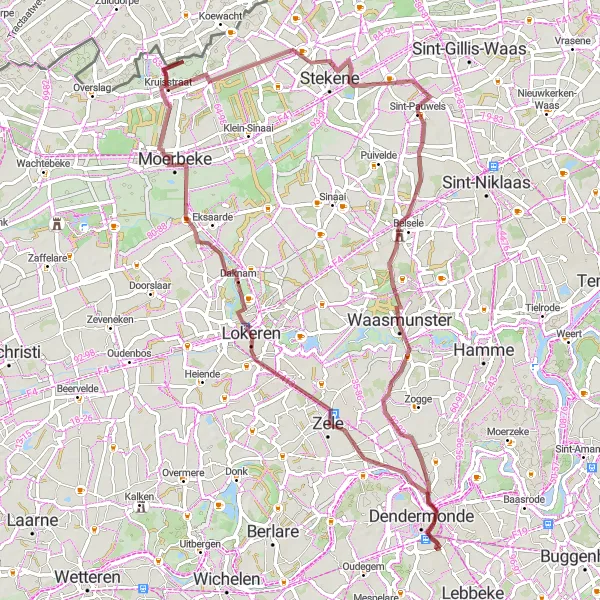 Miniature de la carte de l'inspiration cycliste "Parcours pittoresque autour de Dendermonde" dans la Prov. Oost-Vlaanderen, Belgium. Générée par le planificateur d'itinéraire cycliste Tarmacs.app