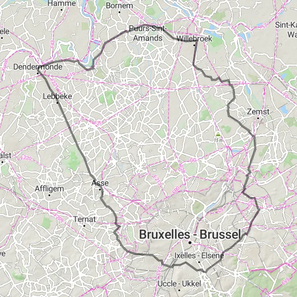 Miniature de la carte de l'inspiration cycliste "Le circuit des collines de Dendermonde" dans la Prov. Oost-Vlaanderen, Belgium. Générée par le planificateur d'itinéraire cycliste Tarmacs.app