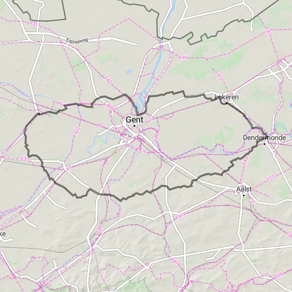 Miniatuurkaart van de fietsinspiratie "Lange wegfietsroute door Oost-Vlaanderen" in Prov. Oost-Vlaanderen, Belgium. Gemaakt door de Tarmacs.app fietsrouteplanner
