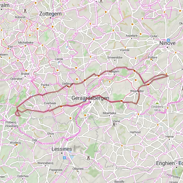 Miniature de la carte de l'inspiration cycliste "Randonnée en gravel autour de Denderwindeke" dans la Prov. Oost-Vlaanderen, Belgium. Générée par le planificateur d'itinéraire cycliste Tarmacs.app