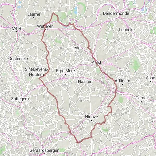 Miniatuurkaart van de fietsinspiratie "Gravelavontuur rond Denderwindeke" in Prov. Oost-Vlaanderen, Belgium. Gemaakt door de Tarmacs.app fietsrouteplanner