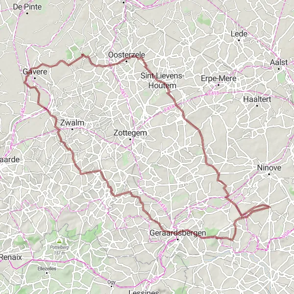 Miniature de la carte de l'inspiration cycliste "Défi gravel autour de Denderwindeke" dans la Prov. Oost-Vlaanderen, Belgium. Générée par le planificateur d'itinéraire cycliste Tarmacs.app
