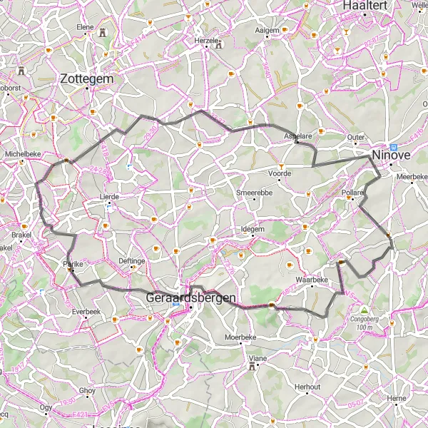 Miniature de la carte de l'inspiration cycliste "Découverte cycliste des collines près de Denderwindeke" dans la Prov. Oost-Vlaanderen, Belgium. Générée par le planificateur d'itinéraire cycliste Tarmacs.app