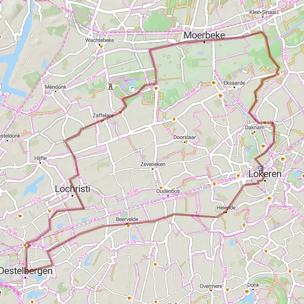 Miniature de la carte de l'inspiration cycliste "Itinéraire de vélo gravel à travers les paysages de Destelbergen" dans la Prov. Oost-Vlaanderen, Belgium. Générée par le planificateur d'itinéraire cycliste Tarmacs.app