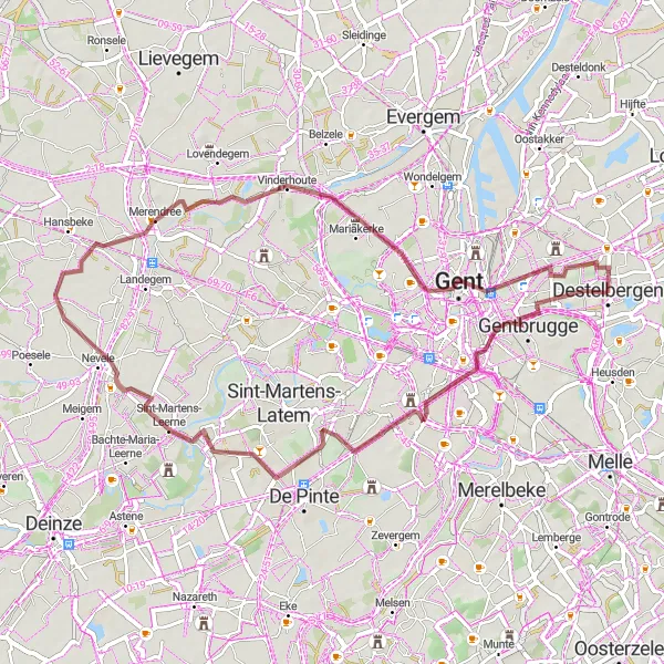 Map miniature of "Historical Gravel Ride to Deurle and Merendree" cycling inspiration in Prov. Oost-Vlaanderen, Belgium. Generated by Tarmacs.app cycling route planner