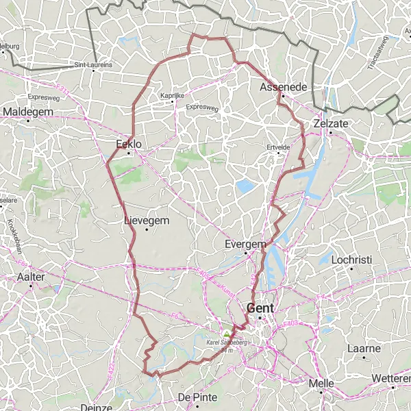 Map miniature of "The Gravel Expedition through North-West Flanders" cycling inspiration in Prov. Oost-Vlaanderen, Belgium. Generated by Tarmacs.app cycling route planner
