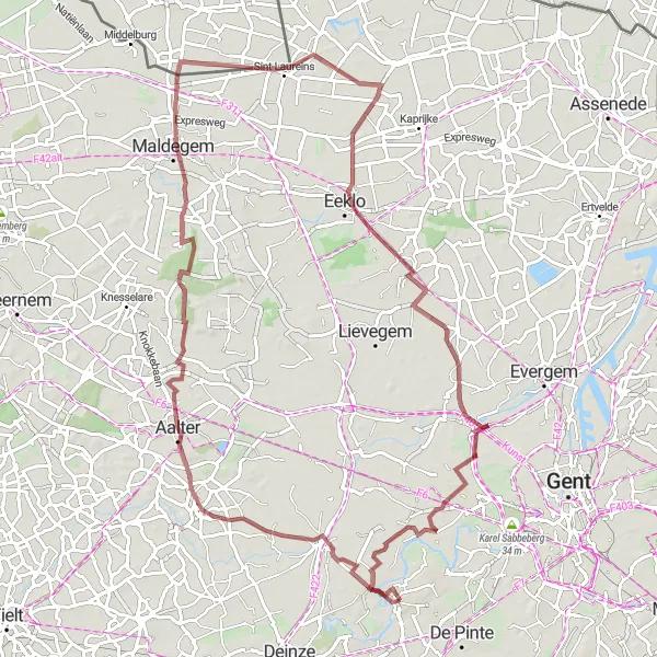 Map miniature of "Gravel Tour through Aalter and Eeklo" cycling inspiration in Prov. Oost-Vlaanderen, Belgium. Generated by Tarmacs.app cycling route planner