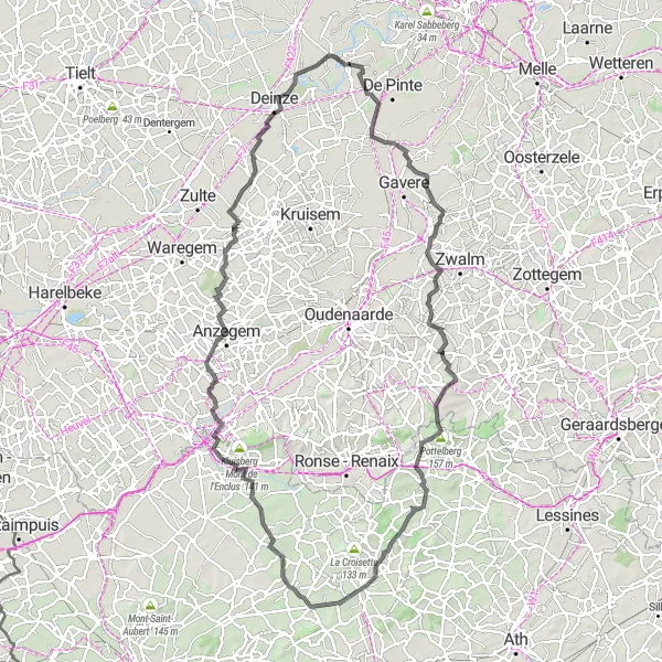 Map miniature of "The Hilly Loop to Rural Flanders" cycling inspiration in Prov. Oost-Vlaanderen, Belgium. Generated by Tarmacs.app cycling route planner