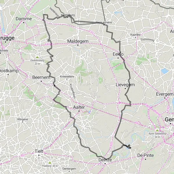 Map miniature of "Charming Ride through Bachte-Maria-Leerne to Sint-Martens-Leerne" cycling inspiration in Prov. Oost-Vlaanderen, Belgium. Generated by Tarmacs.app cycling route planner