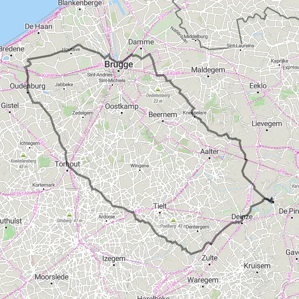 Map miniature of "Deurle to Sint-Martens-Leerne" cycling inspiration in Prov. Oost-Vlaanderen, Belgium. Generated by Tarmacs.app cycling route planner