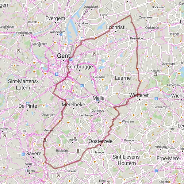 Map miniature of "Gravel Loop around Dikkelvenne" cycling inspiration in Prov. Oost-Vlaanderen, Belgium. Generated by Tarmacs.app cycling route planner