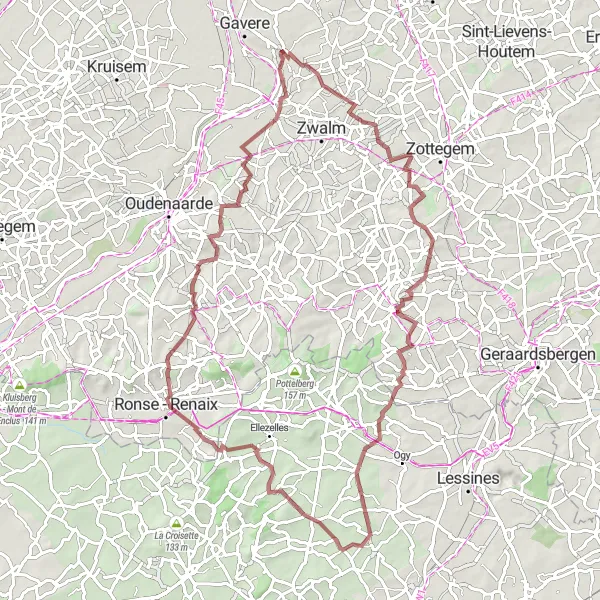 Karten-Miniaturansicht der Radinspiration "Lange Gravel Tour ab Dikkelvenne" in Prov. Oost-Vlaanderen, Belgium. Erstellt vom Tarmacs.app-Routenplaner für Radtouren