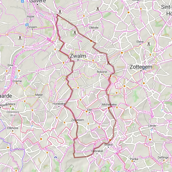 Miniatuurkaart van de fietsinspiratie "Tocht langs Haaghoek en Tenbosse" in Prov. Oost-Vlaanderen, Belgium. Gemaakt door de Tarmacs.app fietsrouteplanner