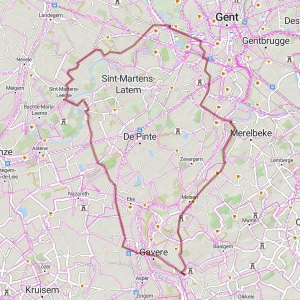 Miniatuurkaart van de fietsinspiratie "Gravelroute door Gavere en Baarle" in Prov. Oost-Vlaanderen, Belgium. Gemaakt door de Tarmacs.app fietsrouteplanner