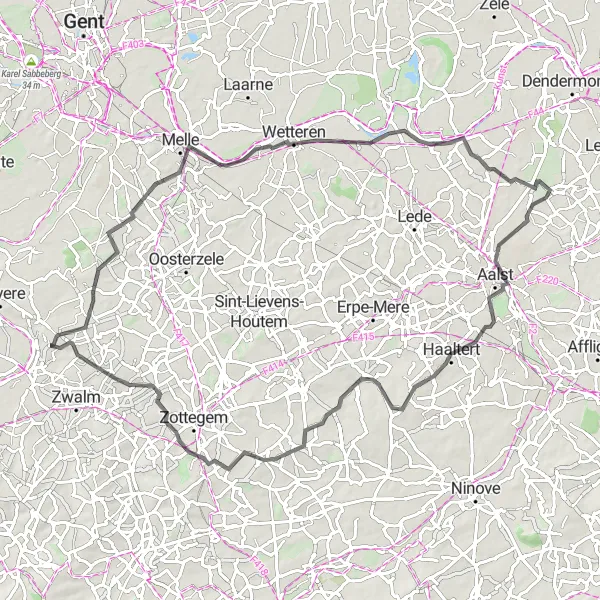 Map miniature of "Road Cycling Adventure in East Flanders" cycling inspiration in Prov. Oost-Vlaanderen, Belgium. Generated by Tarmacs.app cycling route planner