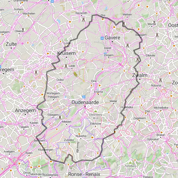 Map miniature of "Road Loop with Horebeke Highlights" cycling inspiration in Prov. Oost-Vlaanderen, Belgium. Generated by Tarmacs.app cycling route planner