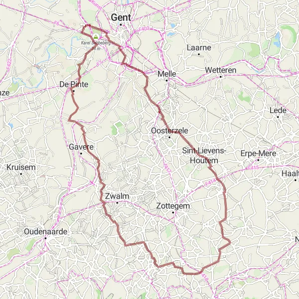 Miniature de la carte de l'inspiration cycliste "Route de gravier à travers Sint-Lievens-Houtem" dans la Prov. Oost-Vlaanderen, Belgium. Générée par le planificateur d'itinéraire cycliste Tarmacs.app